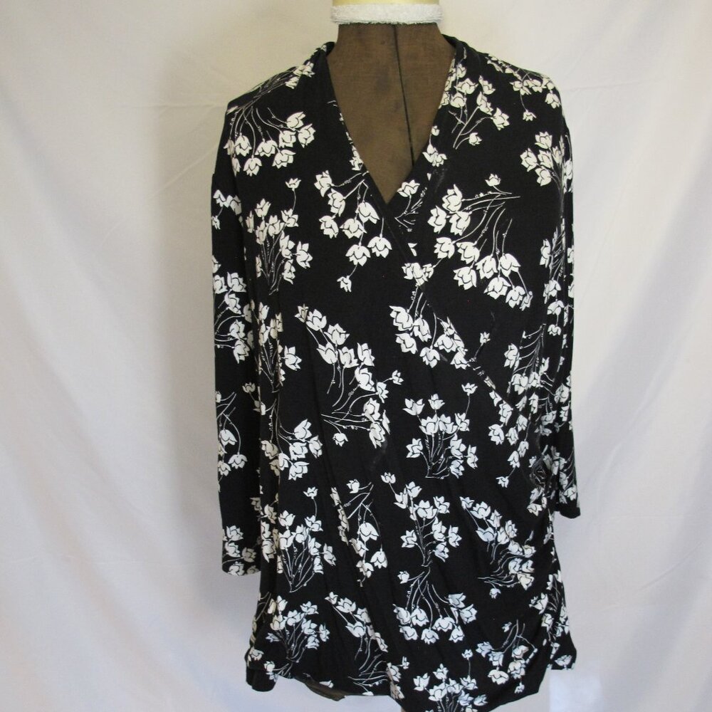 Coldwater Creek mock-wrap long sleeve black blouse with white floral print  1X